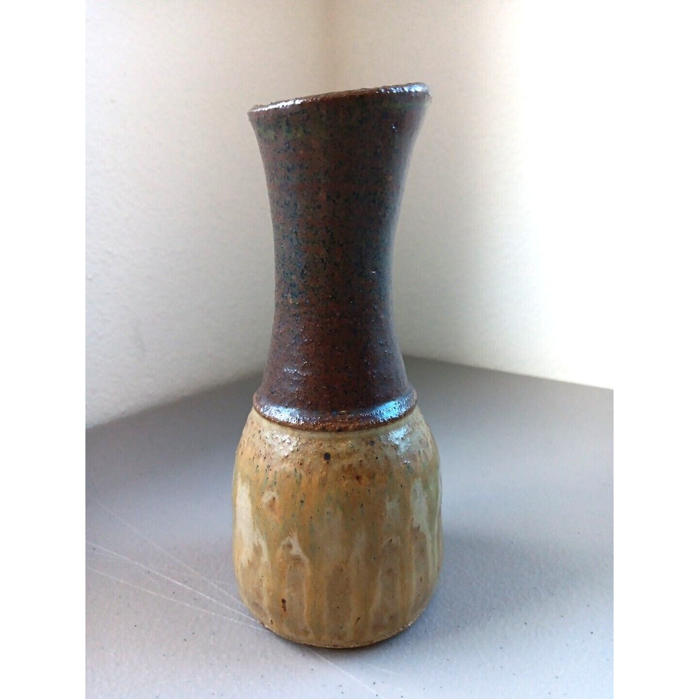 Studio Art Pottery Vase 7" Modernist Style‎ Signed Two Tone Drip Brutalist Brown